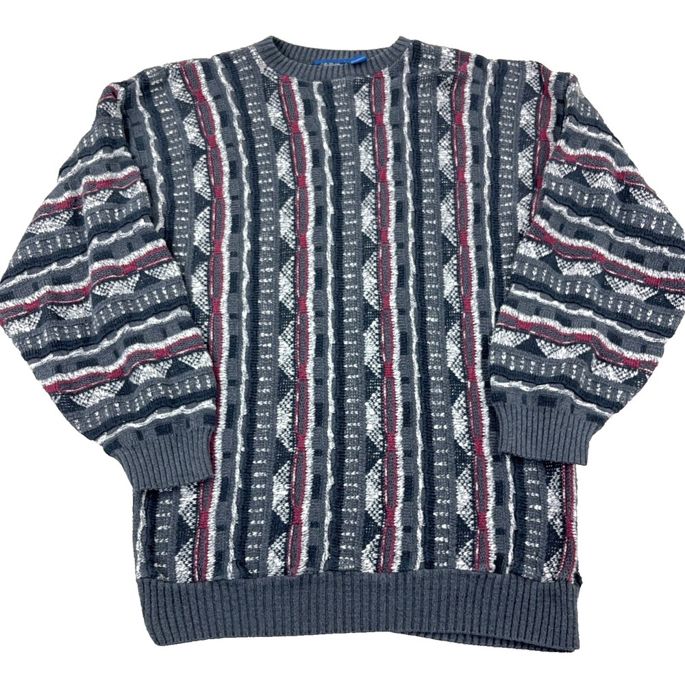 Vintage 3D Knit Sweater Men XLT Gray Textured Biggie Cosby Grandpa 90s Y2K 2000s
